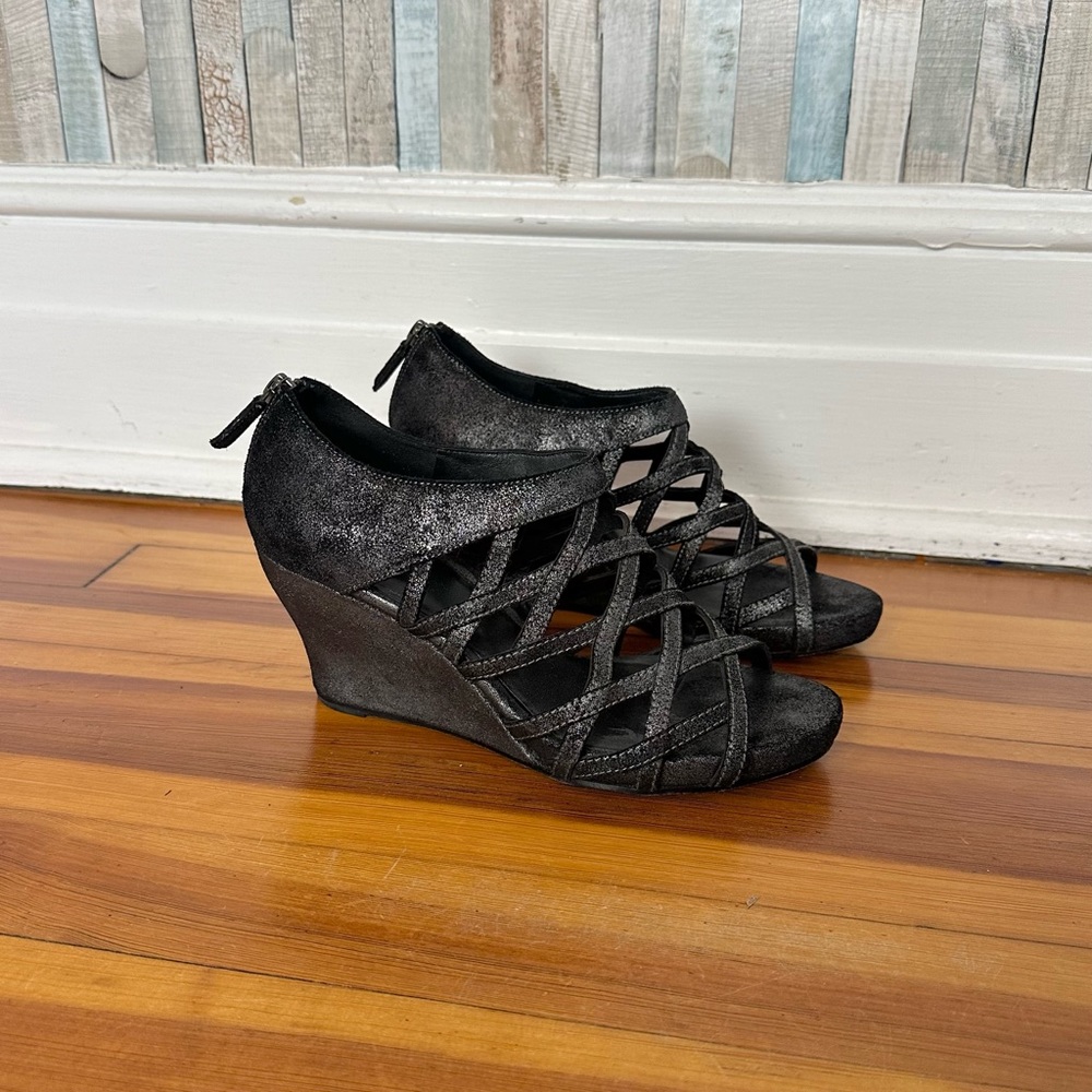Eileen Fisher 8.5 Leather Cage Sandal Wedge Heel Lattice Metallic Pewter $268
